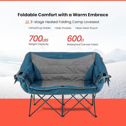 ARROWHEAD OUTDOOR 57 in Wide Duo Foldable Heated Camping Loveseat Chair | 57 in, 3-Stage Heating, Large Cup Holders, Glass Holders, Side Pockets, and Storage Pouches, and Grey, Beach, Tailgating