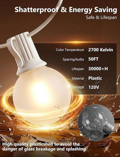 White Outdoor String Lights, 50FT G40 LED Patio String Lights with 25 Frosted Shatterproof Bulbs, Waterproof Bistro Lights for Outside Garden Backyard Wedding Party, 2700K Warm White