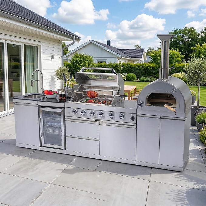 112" Outdoor Kitchen,4 burners 108000 BTU Double Stainless Steel Propane Gas BBQ, Silver, with Pizza Oven, Wine Cooler, Refrigerator, Rotisserie, Granite Countertops & Storage Cabinets