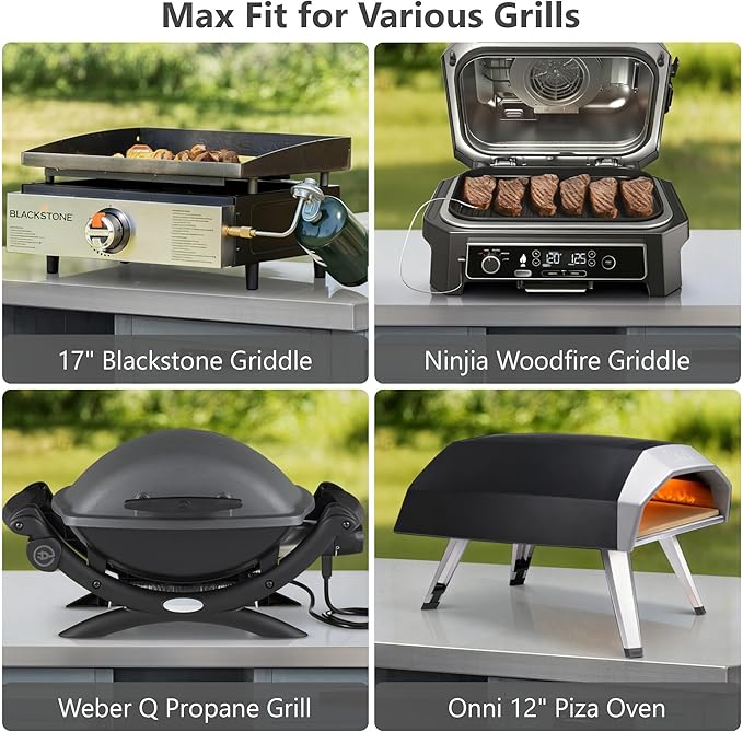 78.3" Outdoor Kitchen Island with Foldable Grill Table, Wooden Outdoor Grill Cart with Trash Can Storage & Stainless Steel Top, Outdoor Bar Cart, Pizza Oven Table for Lawn & Garden (Grey+Blue@76)