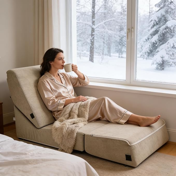 jela Luxury Corduroy Indoor Chaise Lounge, Foldable Sofa Bed Chair with Soft Foam & Machine Washable Cover (Corduroy Sand)