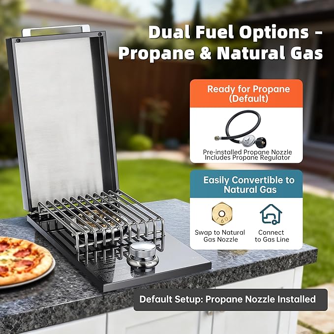 Built-in Single Side Grill Burner with Cover, Black 304 Stainless Steel Side Burner for Outdoor Kitchen, Propane & Natural Gas, Outdoor BBQ for Family Patio Parties
