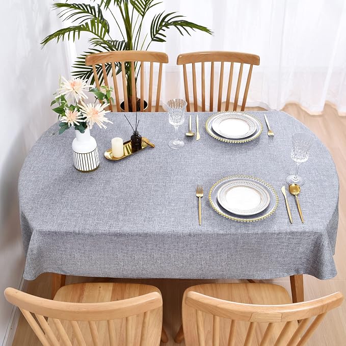Wolkemer Faux Linen Oval Tablecloth 60 x 102 Inch Grey Table Cloths | Heavy Duty Wrinkle Resistant Fabric Table Cloth, Farmhouse Rustic Oval Table Cover for Kitchen Dining Indoor Outdoor Tabletop