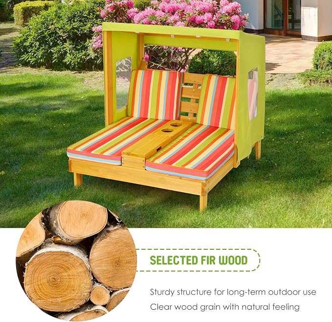 Costzon Kids Lounge Chair Outdoor, Wood Double Seat Chaise Lounge with Canopy, Cup Holders, Cushion, Backrest Recliner, Kids Patio Furniture, Gift for Boys Girls 3-8 Years Old