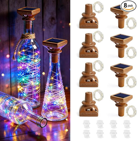VOOKRY 8 Pack Solar Powered Wine Bottle Lights, 20 LED Waterproof Outdoor Solar Fairy String Cork Lights for Wedding, Christmas, Party, Garden, Patio, Tabletop Decor(Multicolor)