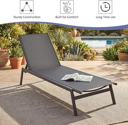 Tangkula Outdoor Chaise Lounge Chair, 6-Position Adjustable Reclining Chair with Breathable Fabric and Heavy Duty Steel Frame, Patio Lounge Chair for Garden, Backyard and Poolside (1, Gray)