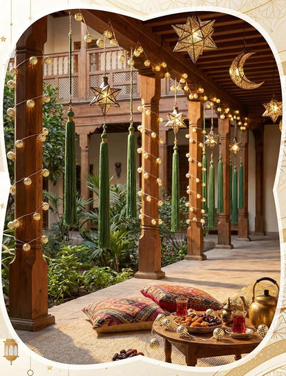 8.5Ft Moroccan Decorative String Lights, 10 LED Warm White Boho Globe Decor | End-to-end Connectable, IP44 Waterproof, Hollow Lantern Decorative String Lights for Bedroom Ramadan Diwali Bohemian Weddings