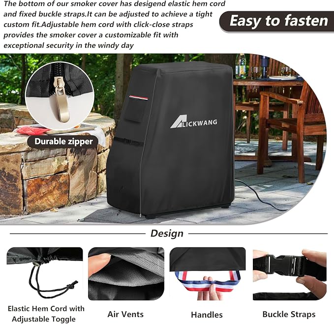 990025 Heavy Duty 600D Waterproof Electric Smoker Cover with Zipper for BS611 4-Rack Natural Draft Vertical Electric Smoker/BTDS76P 4-Rack Natrual Draft Digital Vertical Smoker