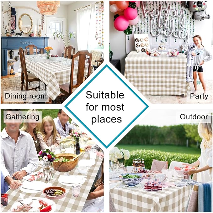 Hiasan Checkered Tablecloth Rectangle, 60 x 140 Inch - Waterproof, Wrinkle Resistant and Washable Gingham Table Cloth for Outdoor Picnic, Kitchen and Holiday Dinner, Khaki and White