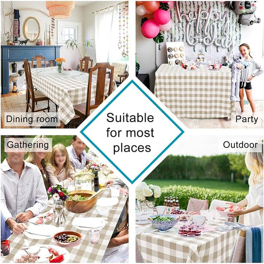 Hiasan Checkered Tablecloth Rectangle, 60 x 140 Inch - Waterproof, Wrinkle Resistant and Washable Gingham Table Cloth for Outdoor Picnic, Kitchen and Holiday Dinner, Khaki and White
