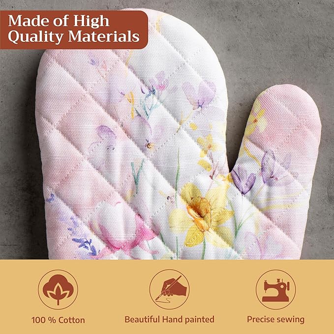 Maison d'Hermine Oven Gloves 100% Cotton Oven Mitt 7" x 13" with Loop Heat Resistant BBQ Cooking Gloves Baking Grilling Kitchen Hotel Home Farmhouse Spring Summer (Pack of 1, Easter Zest)