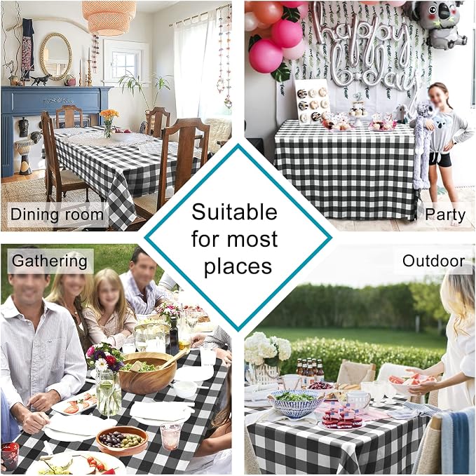 Hiasan Checkered Tablecloth Rectangle, 70 x 140 Inch - Waterproof and Wrinkle Resistant Table Cloth for Picnic, Dinner and Party, Washable Polyester Fabric, Black and White Gingham Pattern
