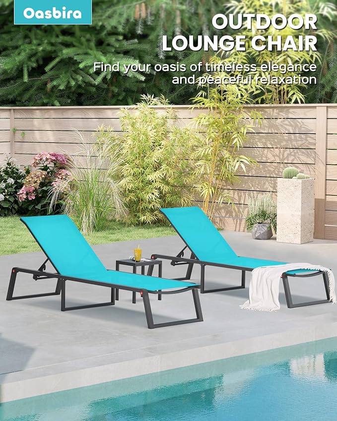 Aluminum Chaise Lounge Chair Outdoor, Foldable& No Assembly Patio Pool Lounge Chairs 5-Position Recliner for Outside, Fully Grounded Legs Sun Lounger for Poolside, Lake Blue