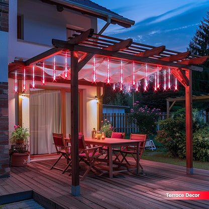 JMEXSUSS Red and White Solar Meteor Shower Rain Lights, 8 Tube 144 LED Solar Christmas Lights for Party Holiday Yard Patio Decorations