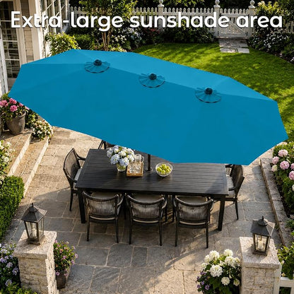 DomeShade 15FT Extra Large Patio Umbrella with Base, Double-Sided Outdoor Rectangular Market Umbrella with Stand,Heavy Duty Outside Sun Umbrella for Backyard,Poolside,Patio Furniture,Teal Blue