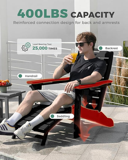 Folding Adirondack Chairs Set of 4,Adirondack Chair with Retractable Ottoman,Plastic Adirondack Chairs with 2 Cup Holder,Weather Resistant Patio Chair,Outdoor Chairs Set of 4(Black)