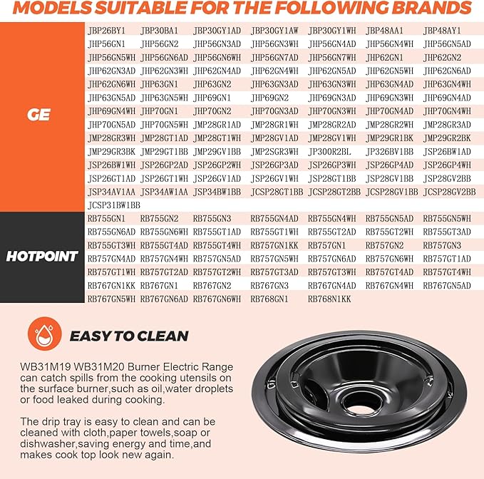 WB31M19 WB31M20 Porcelain Drip Pan Bowls - Includes 1 Pack 8-Inch WB31M19 and 3 Pack 6-Inch WB31M20 - Replacement for Ken-more GE Hotpoint Burner Electric Range