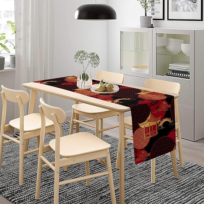 Vintage Oriental Landscape Table Runner Asian Chinese Luxury Red Black Gold Bamboo Pagoda Bridge Dinner Runner Table Decoration for Home Kitchen Dining Table Party 13x120in