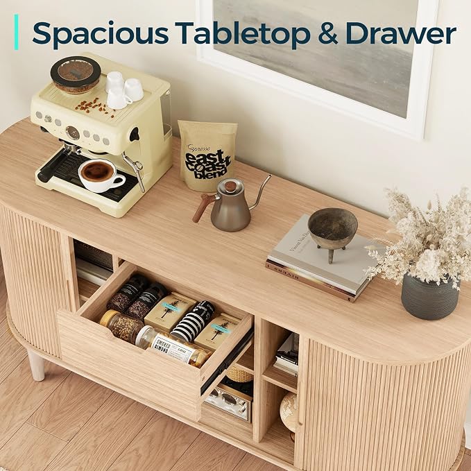 LINSY HOME 55" Sideboard Buffet Cabinet,Tambour Sliding Doors & Drawer | Oak Fluted Coffee Bar Cabinet with Large Storage, Mid Century Modern Wood Storage Buffet Table for Kitchen, Living Room