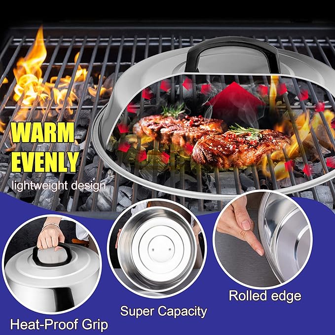 Metal Melting Dome Set of 3, Leonyo 12" & 9" Stainless Steel Basting Cover for Griddle Grill Top BBQ Flat Top, Steam Cover for Kitchen Cooking Burger Cheese