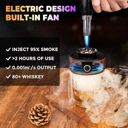Electric Whiskey Smoker Kit with Wooden Box, 4 Wood Chips, Torch, Ice Molds, 2 Glasses, Stones, Old Fashioned Bourbon Cocktail Smoker Infuser Kit, Whiskey Gifts for Father, Men, Husband (No Butane)