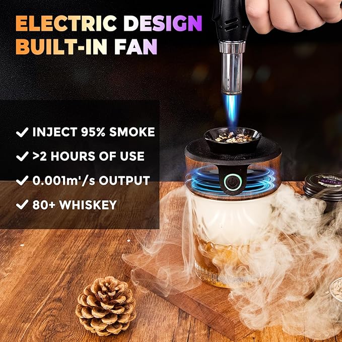 Electric Whiskey Smoker Kit with Torch, Fathers Day Gift for Whiskey Lover, 6 Wood Chips – Infuse Rich Smoky Flavors in Bourbon Old Fashioned & Cocktails, Birthday Gifts for Him, Dad (Without Butane)