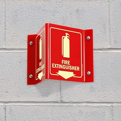 SmartSign "Fire Extinguisher" Two-Sided V-Shaped Projecting Sign with Down Arrow, 6 x 5 inch, 120 mil Thick Glow-In-The-Dark Polished Acrylic, Photoluminescent