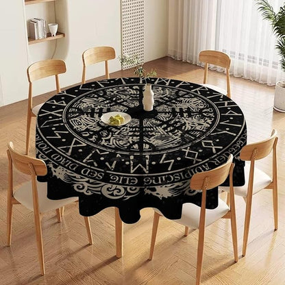 Vintage Viking Pattern Round Tablecloth, Viking Ancient Runic Helmet of Awe Celtic Dragon Table Cloth Water Resistant Table Cover for Farmhouse Party Holiday Kitchen Dinner Table 70"