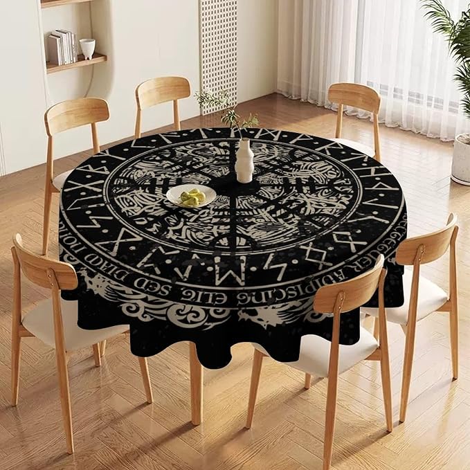 Vintage Viking Pattern Round Tablecloth, Viking Ancient Runic Helmet of Awe Celtic Dragon Table Cloth Water Resistant Table Cover for Farmhouse Party Holiday Kitchen Dinner Table 36"