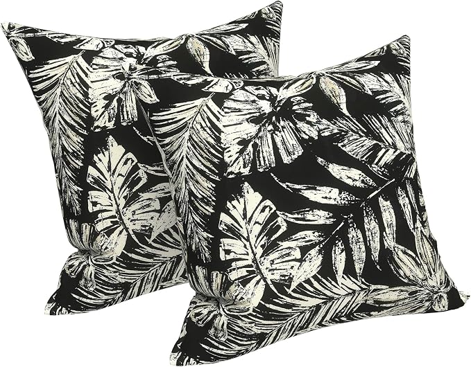 LVTXIII 2 Pack Outdoor Throw Pillow Covers for Patio Furniture, 16x16 Inch Square Pillow Case, Water-Repellent Cushion Covers for Garden, Porch, Sofa, Tropical Leaf Black