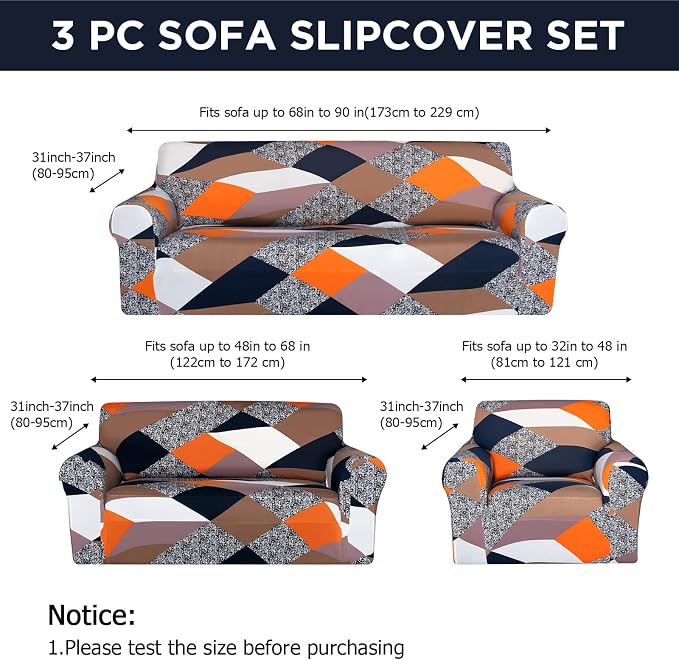 Peryiter 3 Pcs Couch and Loveseat Sofa Covers,Gray Dm,Milk Silk | Armchair Covers for Living Room, Sofa Cushion Slipcover, Furniture Protector, Polyester and Spandex, Washable