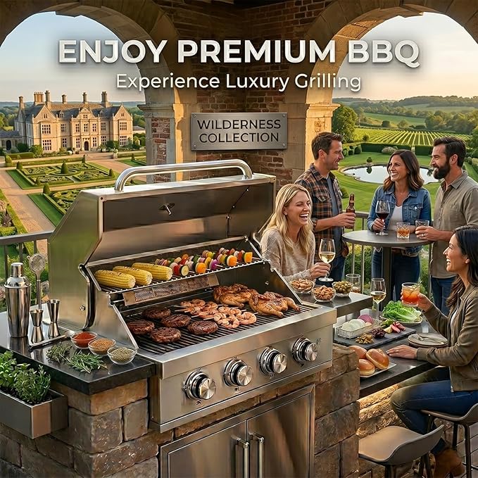 Premium 4 Burner Built In Gas & Charcoal Grill Island Head, Portable 304 Stainless Steel Outdoor Grill, 50,000 BTUs, 403 SQ In Racks, Dual Fuel Compatibility(27-IN)