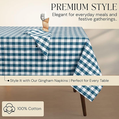 Gingham Buffalo Check 60"x84" Tablecloth 100% Cotton Washable Rustic Rectangle Table Cover Decorative for Gifts, Dining, BBQ, Buffet Parties & Camping - Teal