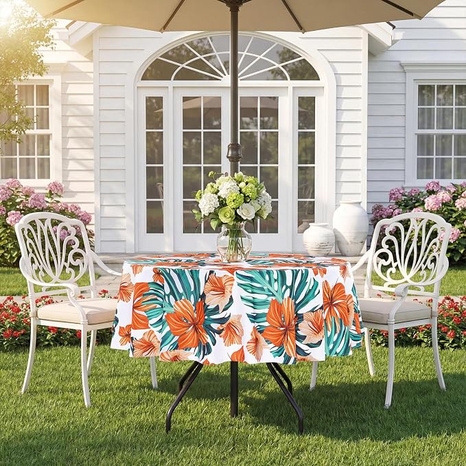 SquarePie Round Outdoor Talecloth with Umbrella Hole and Zipper 60 Inch,Water Resistant SpillProof Patio Table Cloth Cover for Spring Summer Camping Garden Poolside Picnic,Palm Leaf Orange Flower