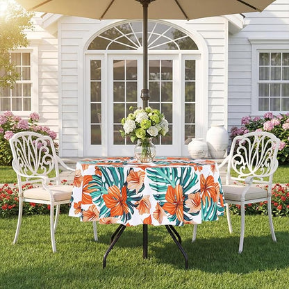 SquarePie Round Outdoor Talecloth with Umbrella Hole and Zipper 60 Inch,Water Resistant SpillProof Patio Table Cloth Cover for Spring Summer Camping Garden Poolside Picnic,Palm Leaf Orange Flower