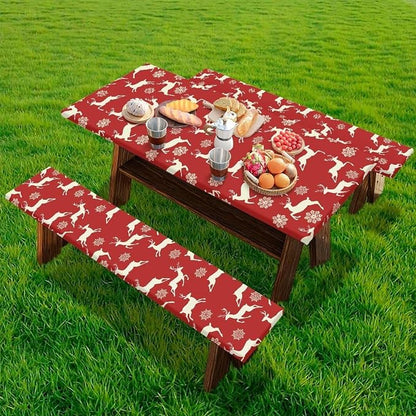 Xmas Picnic Table Cover with Bench Covers 3 PCS Christmas Reindeer Snowflake Fitted Picnic Table Cover for Outdoor Camping Accessories