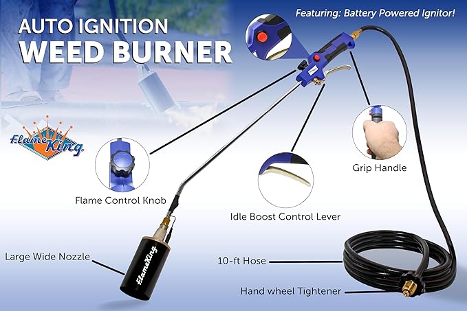 Flame King Propane Torch Kit Heavy Duty Weed Burner, 340,000 BTU with Battery Operated Igniter (Self Igniting), with 10-Ft Hose Regulator Assembly