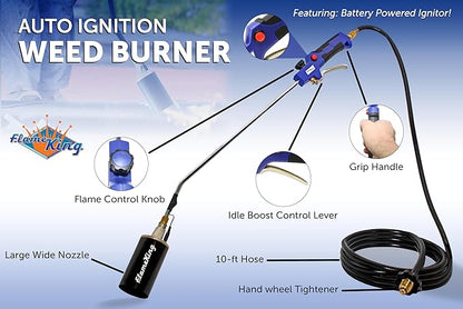 Flame King Propane Torch Kit Heavy Duty Weed Burner, 340,000 BTU with Battery Operated Igniter (Self Igniting), with 10-Ft Hose Regulator Assembly
