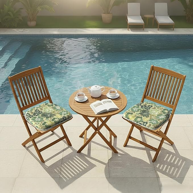 DYTXIII Set of 2 Outdoor Chair Cushions with Ties, Water Repellent Patio Chair Pads 17"x 16" for Outdoor Furniture, Round Corner Seat Cushions for Garden Yard Kitchen Green Rose