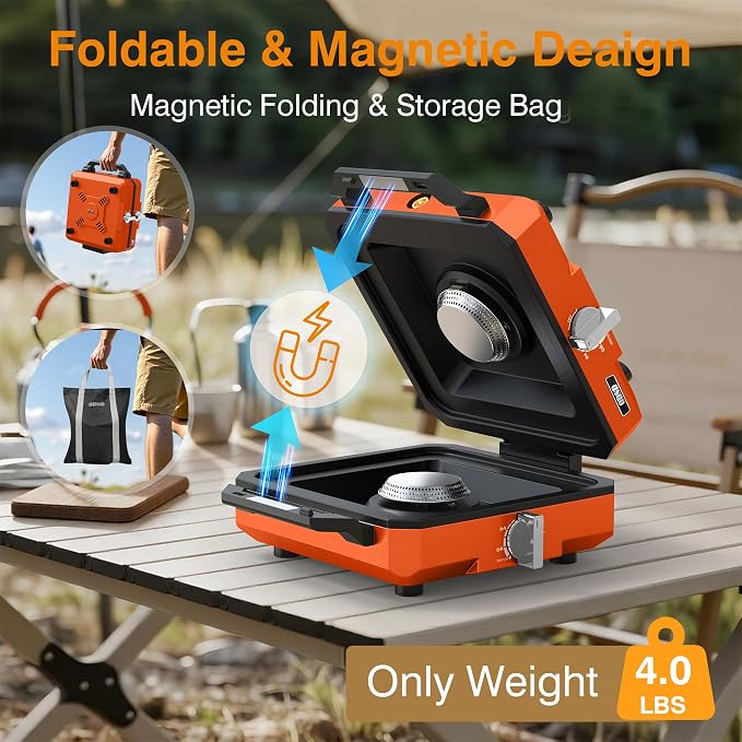 ODSD 2 Burner Camping Stove with Windshield, 20000 BTU Propane Camp Stove, Portable Folding Gas Stove, Camping Essentials Gears Includes Frying Pan, Coffee Stand & Carry Bag (Orange)