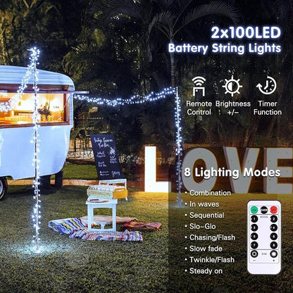 JMEXSUSS 2 Pack White Battery Operated String Lights, Each 33ft 100 LED | Wedding Lights Outdoor Indoor, 8 Modes Christmas Lights with Remote Waterproof for Wedding Front Porch Yard House Room Decor