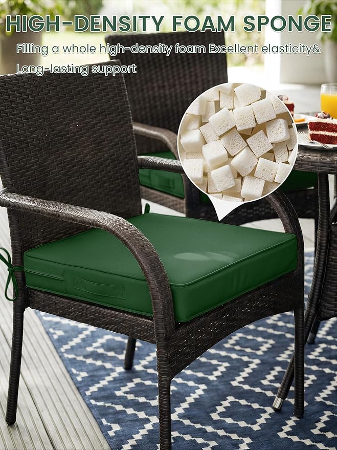 Outdoor Chair Cushion 22 x 22 x 4 Inches Patio Furniture Outdoor Waterproof Seat Cushion, Patio Chair Cushion with Handles and Ties, Square Dining Chair Cushion Set of 2, Green