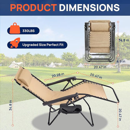 Alpen Set of 2 Outdoor Camping Chairs, Lounge Zero Gravity Chair, Khaki | Outdoor Chaise Lounge Chairs, Foldable Tanning Chair with Cup Holder for Poolside Patio Backyard Outdoor Camping