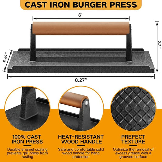 Yoehka Cast Iron Grill Press-2PCS, Heavy Duty Bacon/Burger/Griddle/Chef Press with Wood Handle, Perfectly Grilled Steak,Meat,Sandwich,Panini, 2.25lbs Cooking Weight,Rectangle(8.27"×4.25"×3.35”in)