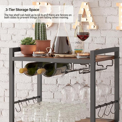 TUTOTAK Bar Cart with Wheels, Drink Cart with Wine Rack and Glass Holder | 3-Tier 17 Inch Wide Home Bar Serving Carts, Small Mobile Kitchen Shelf with 6 Hooks, Rustic Brown BC01BB032