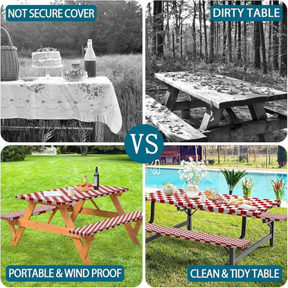 Picnic Table Cover with Bench Covers and Bag, Red and White Checkered Gingham Buffalo Plaid Camping Tablecloth Waterproof Windproof Elastic Edges Fitted Tablecloths for Outdoor Garden 3PCS 30x72 Inch
