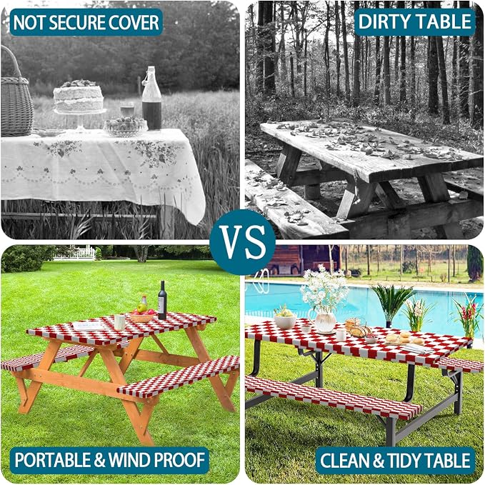 Picnic Table Cover with Bench Covers and Bag, Red and White Checkered Gingham Buffalo Plaid Camping Tablecloth Waterproof Windproof Elastic Edges Fitted Tablecloths for Outdoor Garden 3PCS 30x60 Inch