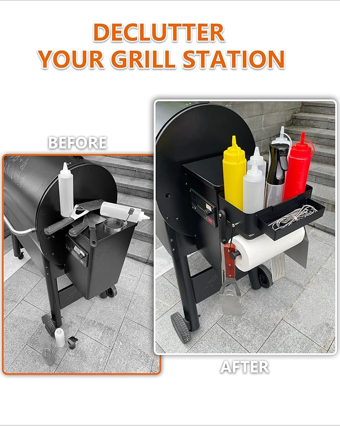 Storage Bin for Traeger Pellet Grill Caddy with Paper Towel Holder, Temperature Probe Box, and Hanging Hooks – Smoker Accessories for Traeger Pro Series 22/34, Ironwood 885/650, Pro 780/575, Pit Boss