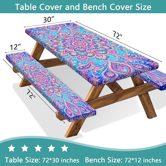 Picnic Table Cover with Bench Covers Boho Mandala Camping Essentials Waterproof Windproof Elastic Fitted Tablecloths for 6 Foot Rectangle Table, Tablecloth for Outdoor Backyard Patio BBQ Garden