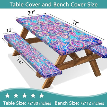 Picnic Table Cover with Bench Covers Boho Mandala Camping Essentials Waterproof Windproof Elastic Fitted Tablecloths for 6 Foot Rectangle Table, Tablecloth for Outdoor Backyard Patio BBQ Garden